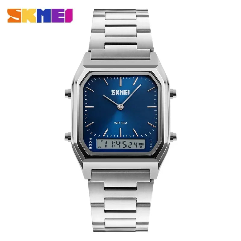 Silver stainless steel SKMEI watch with a rectangular case, blue analog face, and digital date display at the bottom.