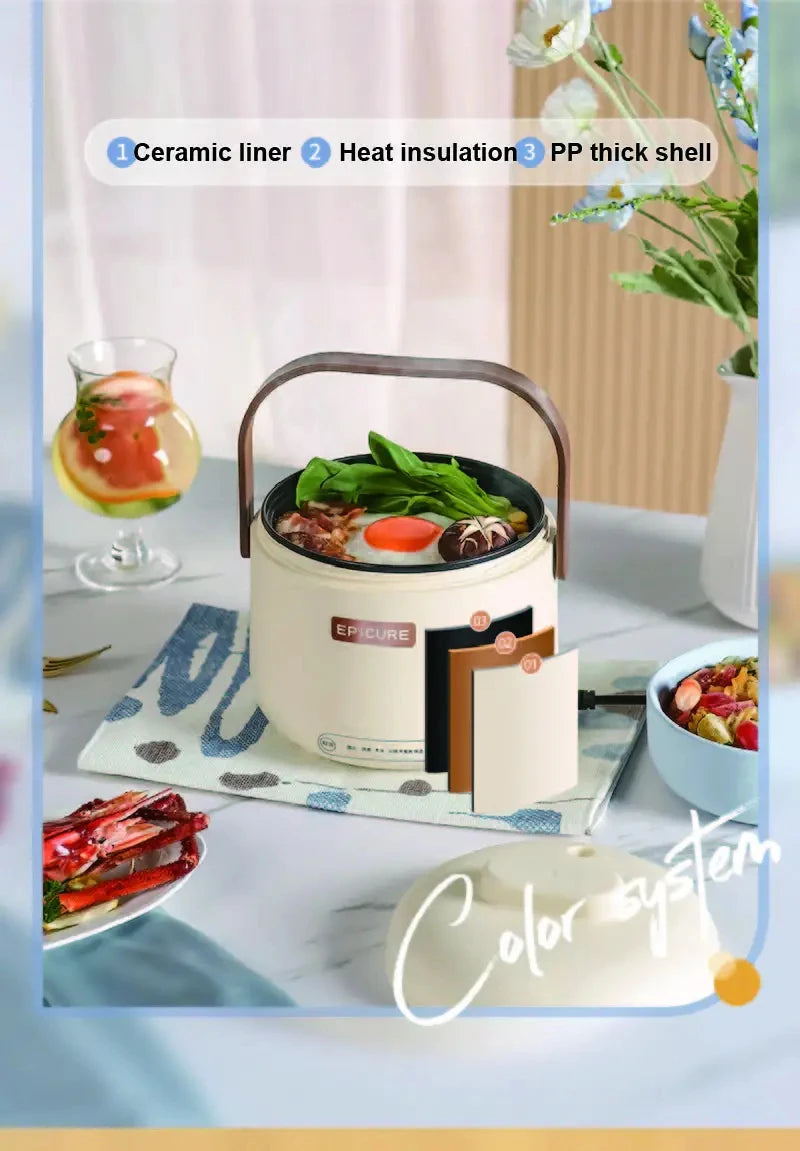 White electric rice cooker on table with ceramic liner and insulation features