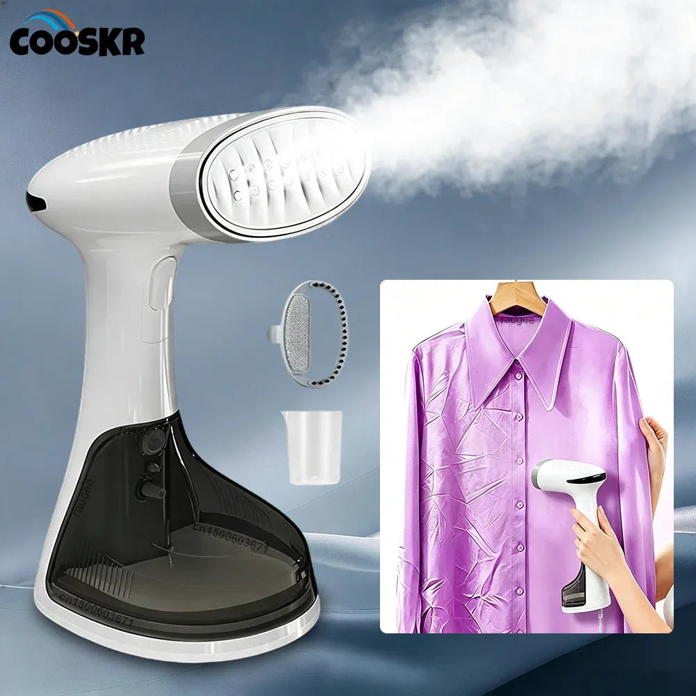 Garment steamer releasing powerful steam with fabric brush attachment, smoothing wrinkles on a purple shirt.