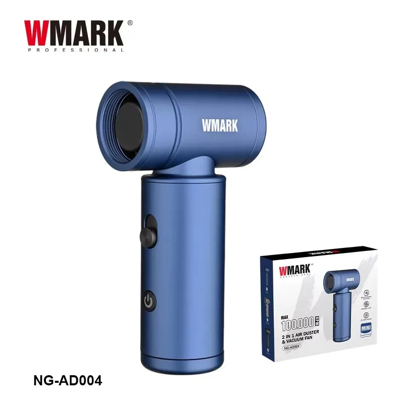 WMARK NG-AD004 blue handheld vacuum and air duster with 100k RPM motor, compact design, and professional attachments.