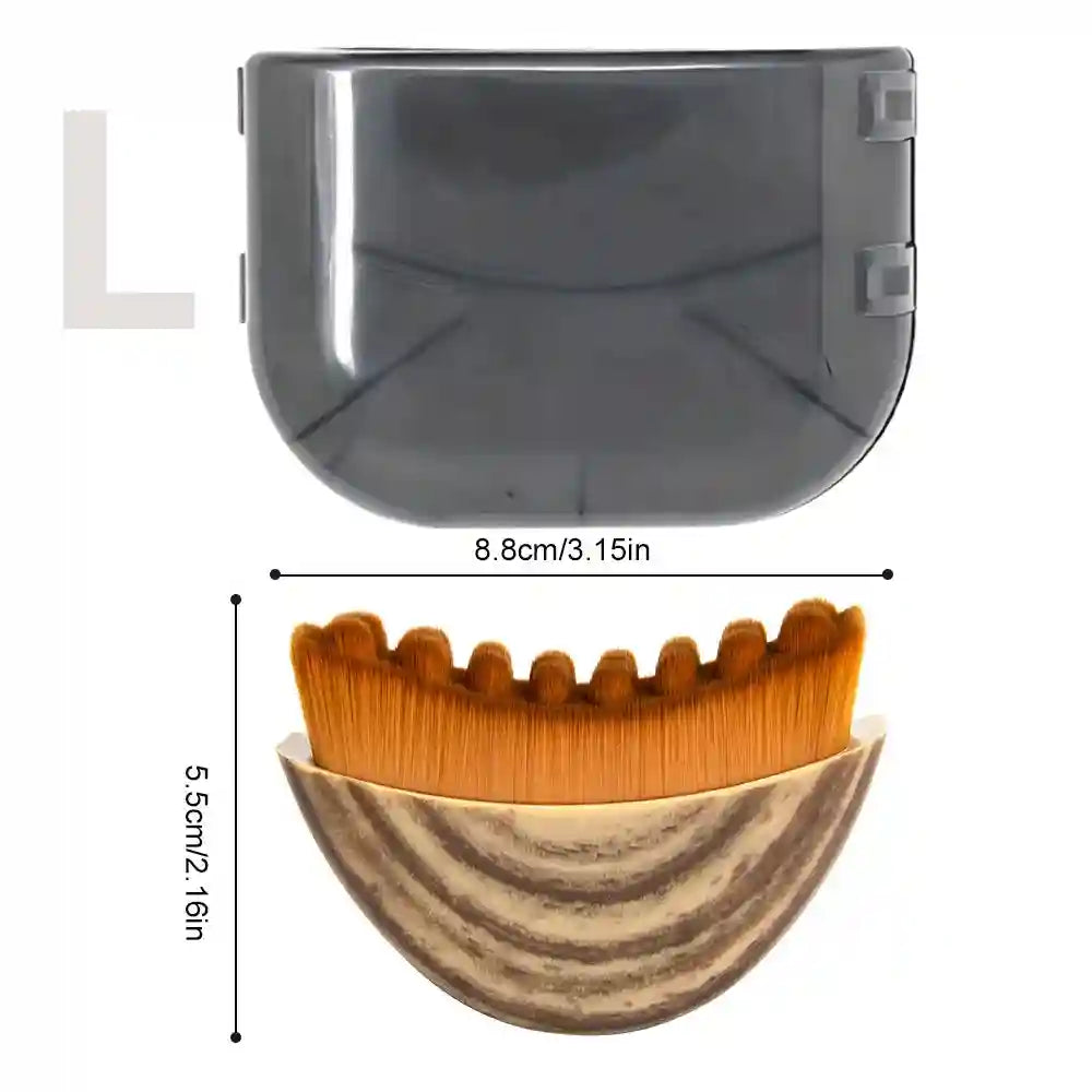 Curved facial massage brush with brown bristles, a marble-patterned handle, and a matching grey translucent cover.
