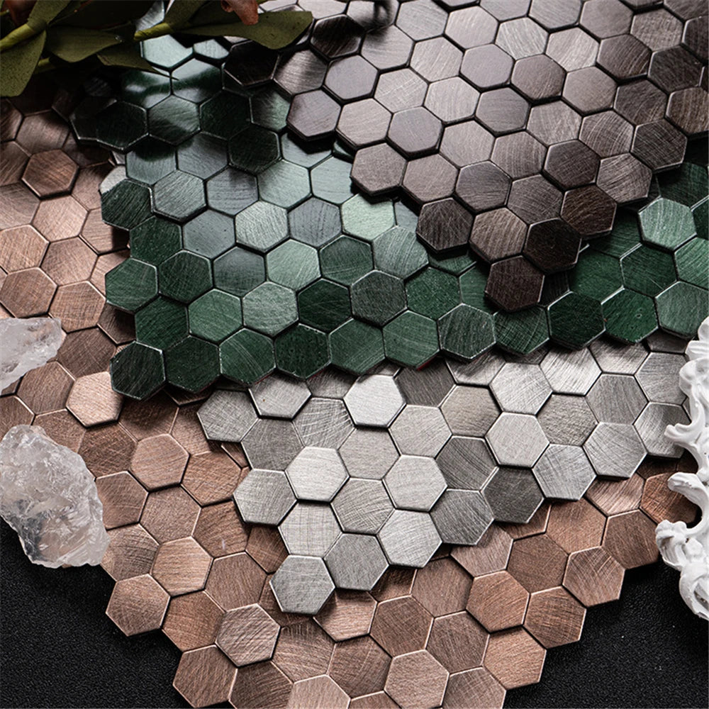 Luxury Metal Stainless Steel Wall Mosaic 3D Bathroom Mosaic Tile Aluminum Hexagon Mosaic Background Wall Sticker Self-adhesive