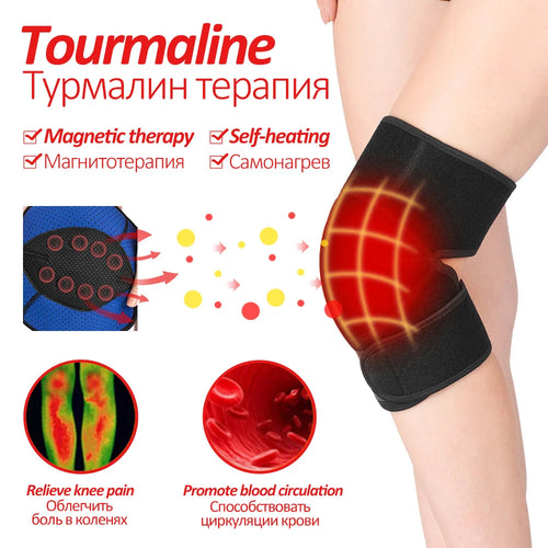 Black tourmaline magnetic knee brace for pain relief and orthopedic support with self-heating fabric.