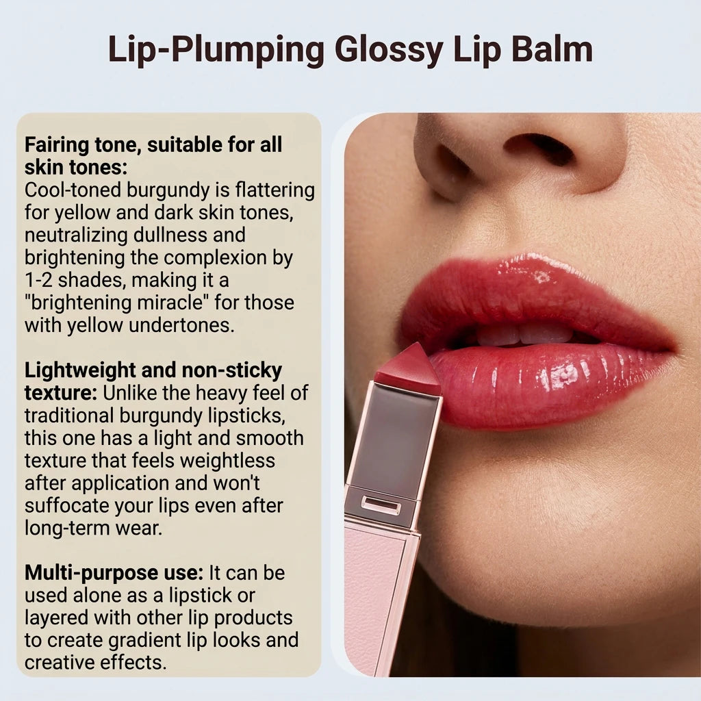 Glossy burgundy lip balm stick for hydrated, plump, and shiny lips. Moisturizing formula for smooth, vibrant lip makeup.