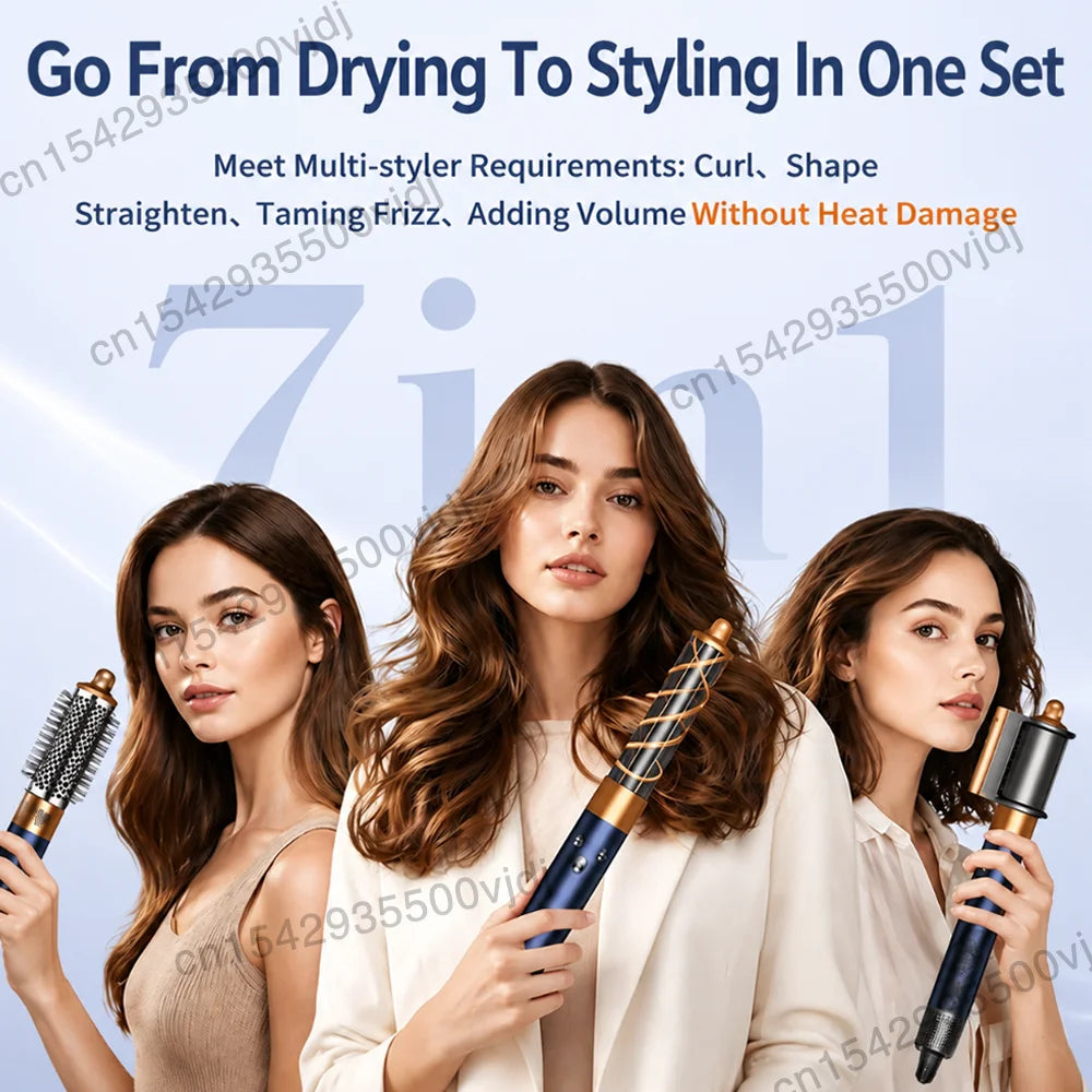 7-in-1 high-speed ionic hair dryer set in blue and gold with styling attachments for curling and volume.