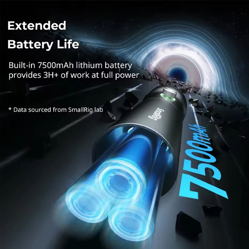 Cylindrical black LED light with three internal glowing blue battery cells and a silver dial control.
