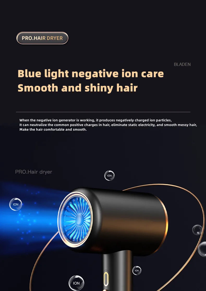 2400W high-speed black and gold ionic hair dryer with blue light technology for smooth, shiny salon-style hair care.