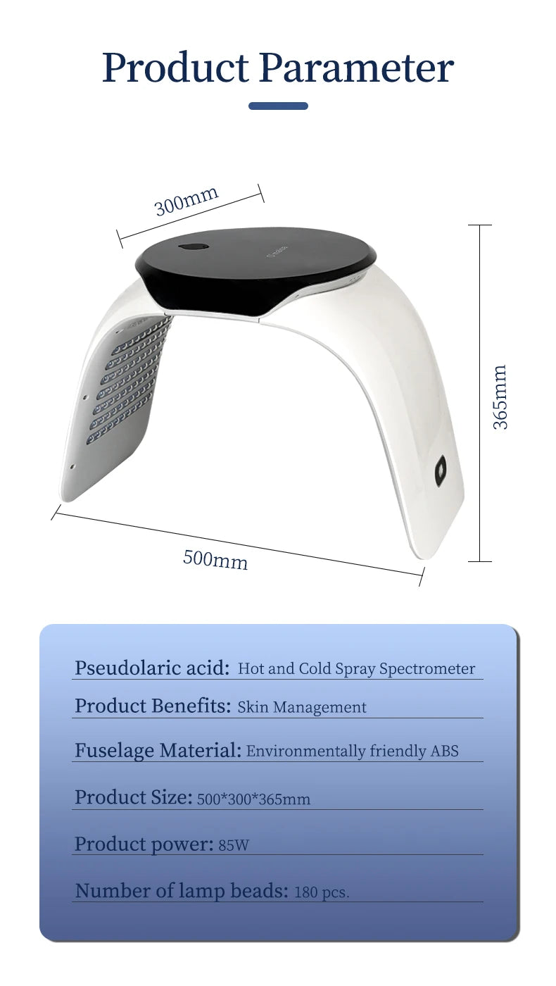 Arched white and black ABS light therapy device for facial skin care, measuring 500x300x365mm with 180 lamp beads.