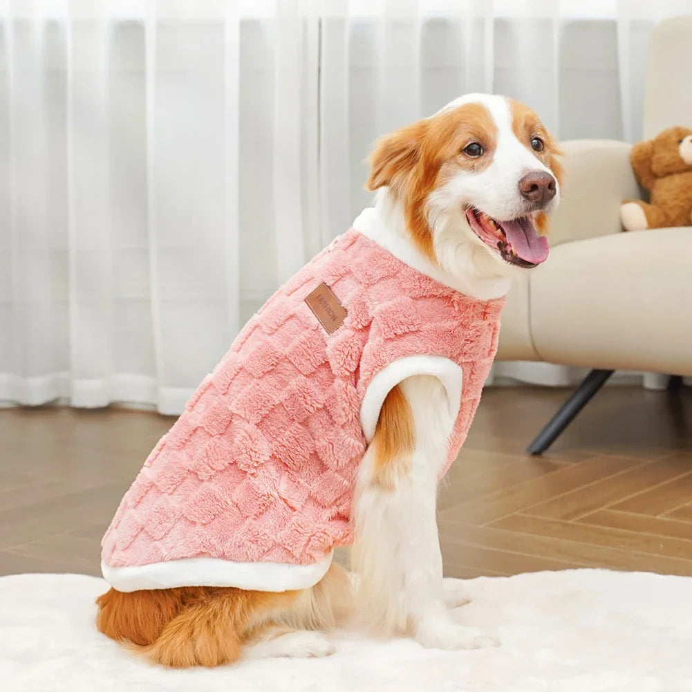 Dog wearing a pink plush winter sweater vest for warmth, available in sizes S-8XL for puppies to large breeds.