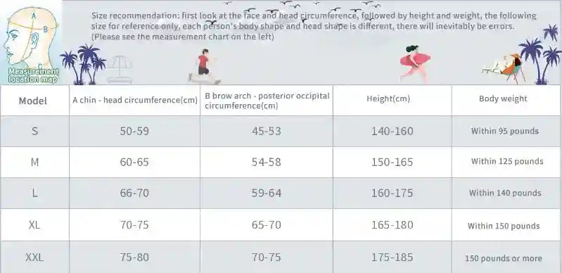 Size chart for headgear featuring measurement diagrams and guidelines for sizing based on circumference, height, and