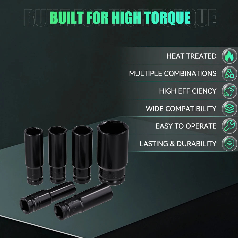 Podofo 20PCs 1/2'' Drive 6-Point Impact Socket Set 8-32mm Metric Sizes Carbon Steel  Impact Wrench Nut Set With Storage Box