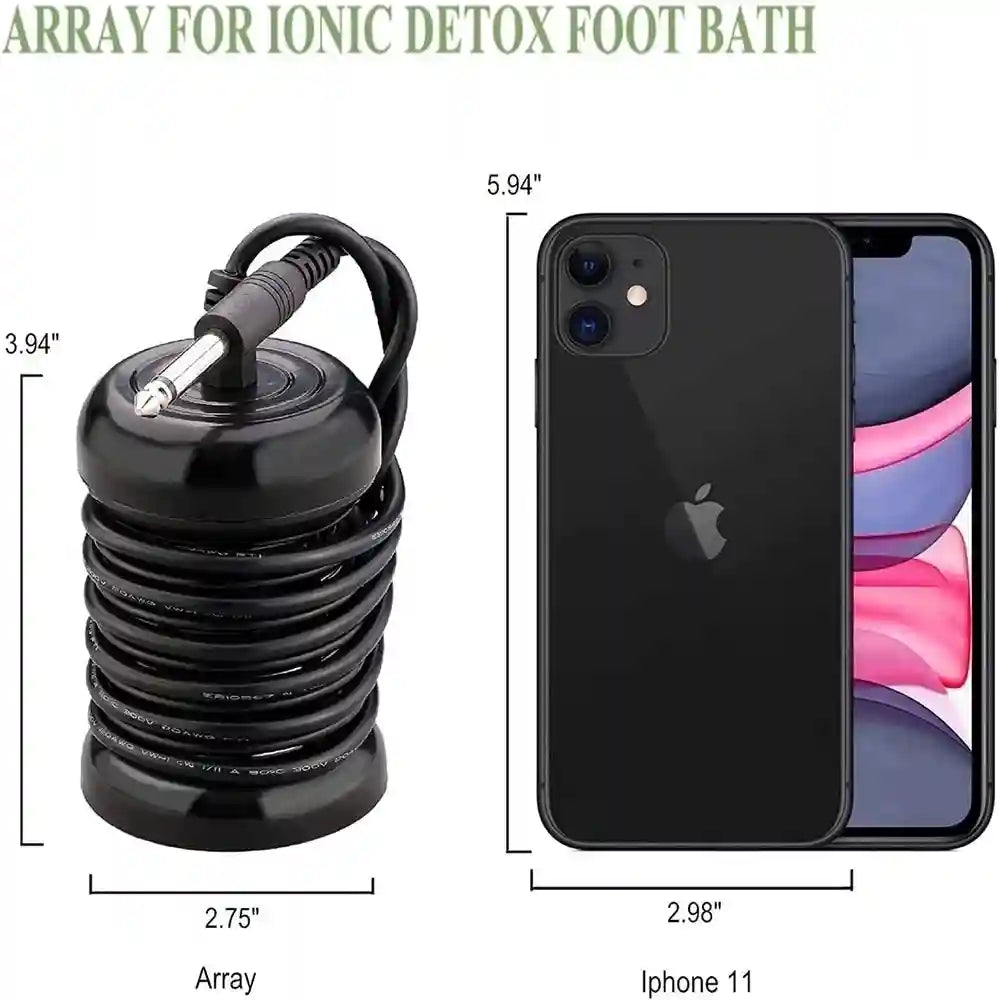 Stainless steel ionic detox foot bath array with cable, sized for comparison against an iPhone 11.