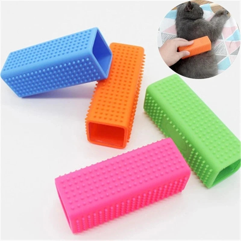 Colorful silicone pet hair removal brushes for effective dog and cat fur cleaning from furniture and fabrics.