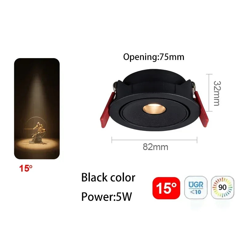Black recessed LED spot light, 5W, 15° beam angle, opening 75mm, cutout 82mm