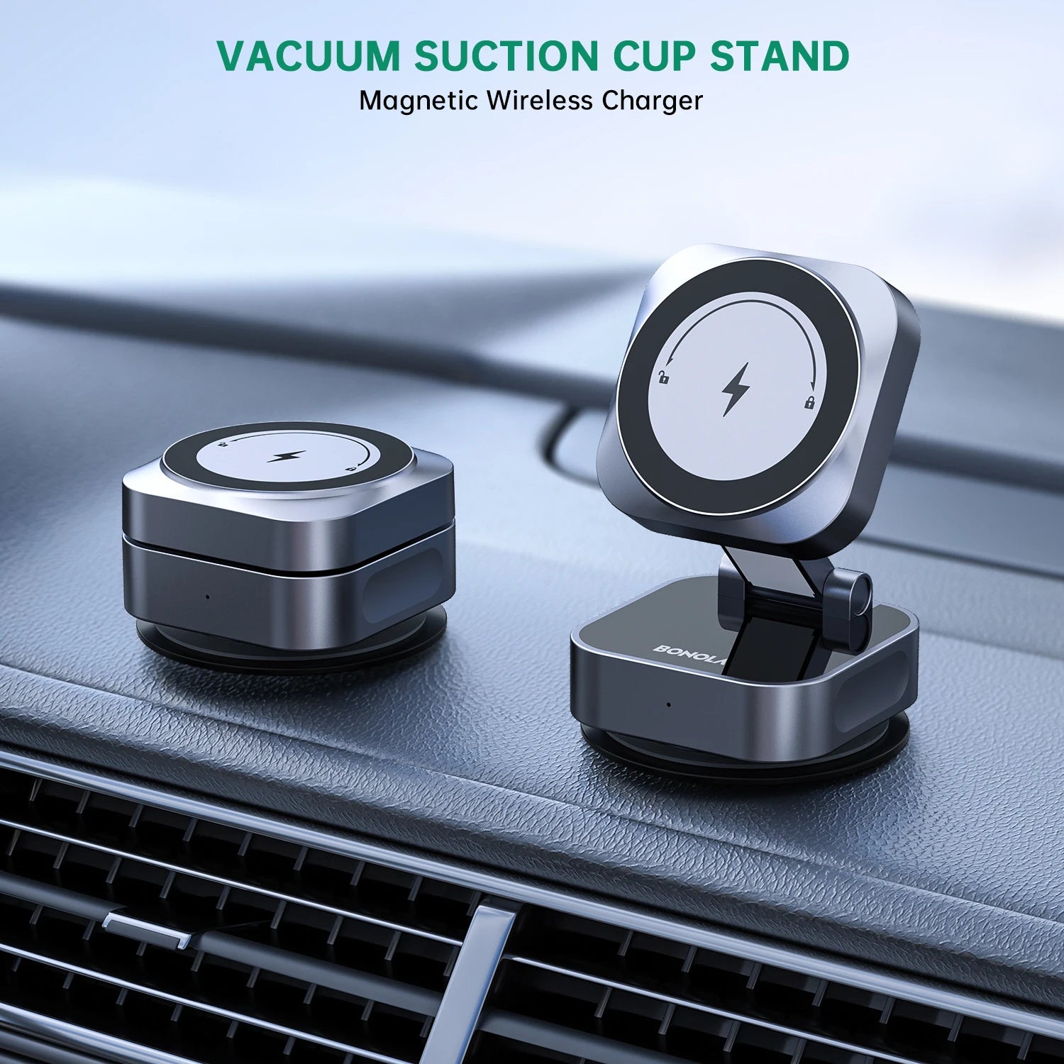 Bonola Suction Cup Car Wireless Charger Foldable for iPhone 17/16/15/Android 15w Magnetic Wireless Charging Vacuum Suction Stand