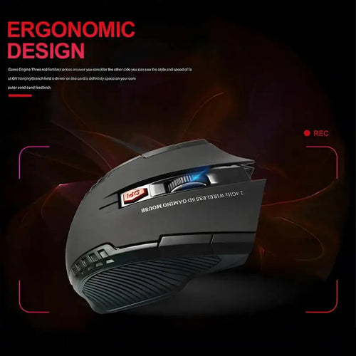 Black ergonomic 2.4GHz wireless gaming mouse with a DPI button, ridged scroll wheel, and textured side grip.