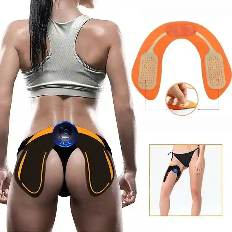 Wireless EMS muscle stimulator pads in black and orange, worn on the glutes and thigh by women for fitness training.