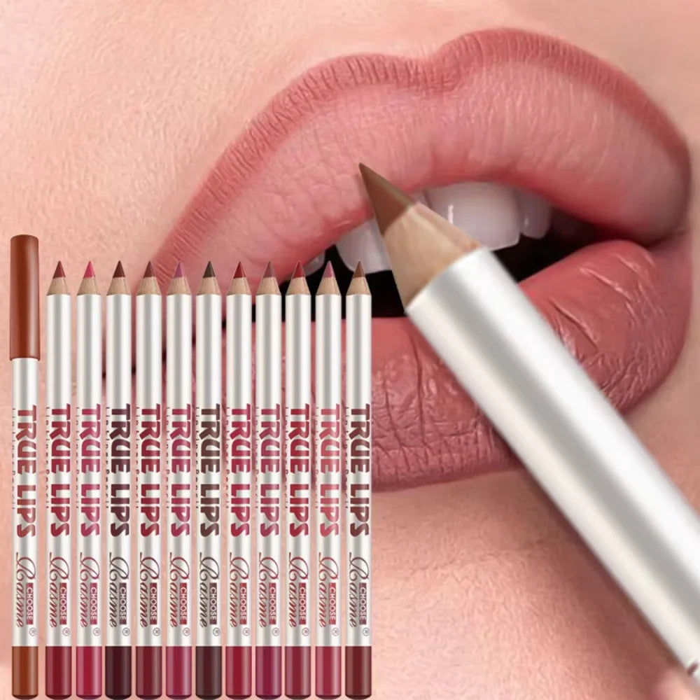 12-piece matte lip liner set in assorted brown and nude shades for long-lasting, professional lip makeup application.