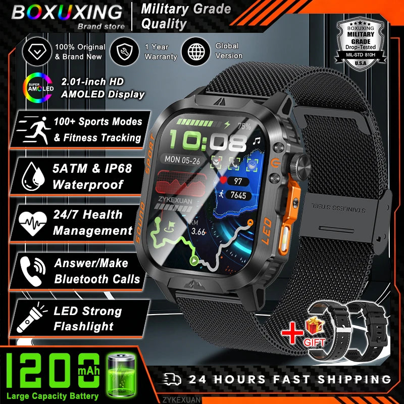 New 1200 mAh Battery Rugged Military Smartwatch Men 5ATM Waterproof Fitness Tracker Health Monitor 100+Sports Call Smart Watches
