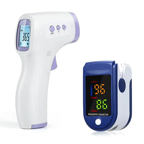 White digital forehead thermometer and blue/white fingertip pulse oximeter on a white background.