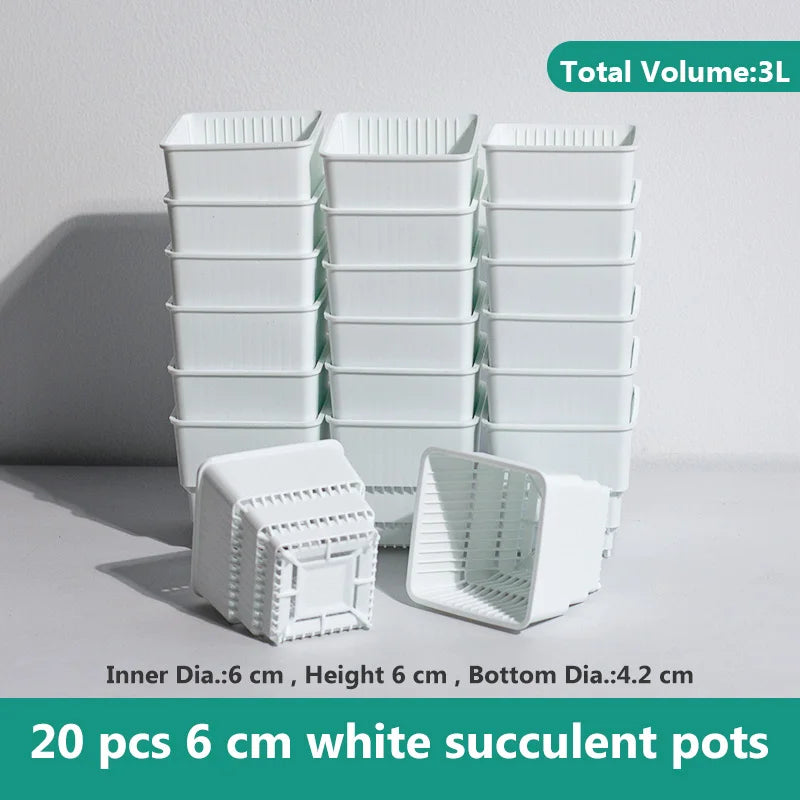 Stacked white 6 cm plastic succulent pots set, plus two empty insert trays.