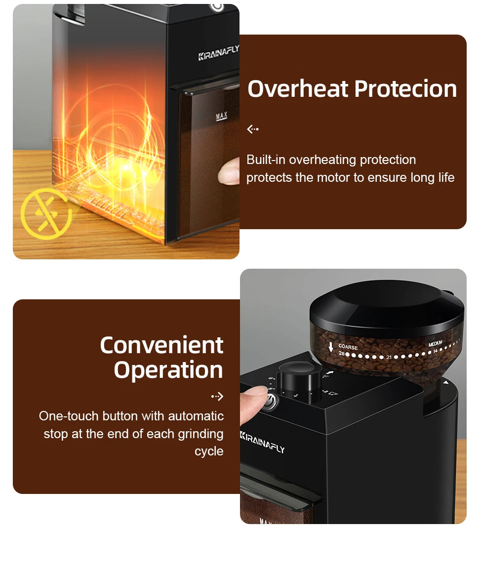 Kirainafly black electric coffee grinder with adjustable grind settings, overheat protection, and one-touch operation.