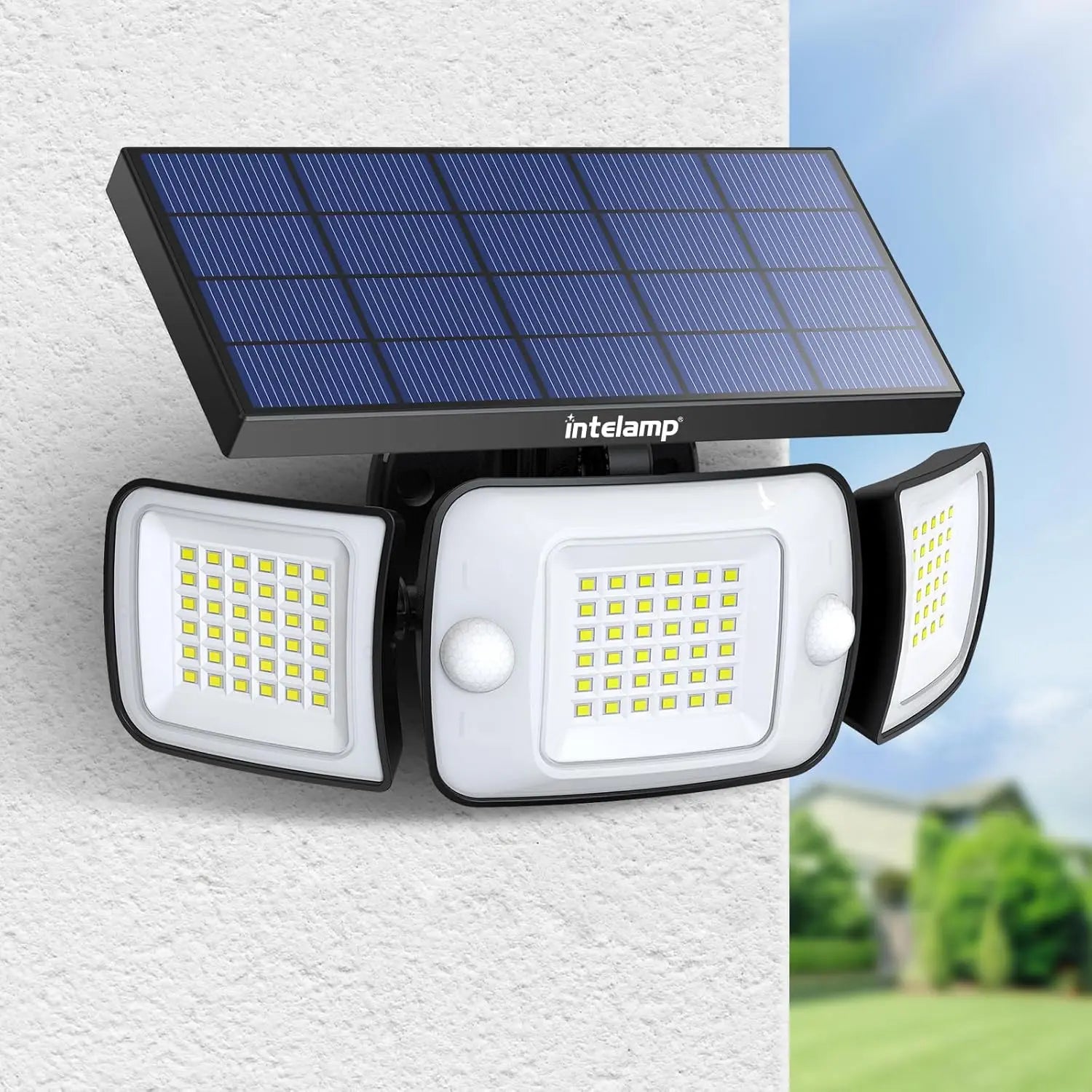 Intelamp Outdoor Solar Lights 4000mAh Battery With Two Motion Sensor 1200LM Bright IP65 Wall Lamp For Garden Yard Path Garage