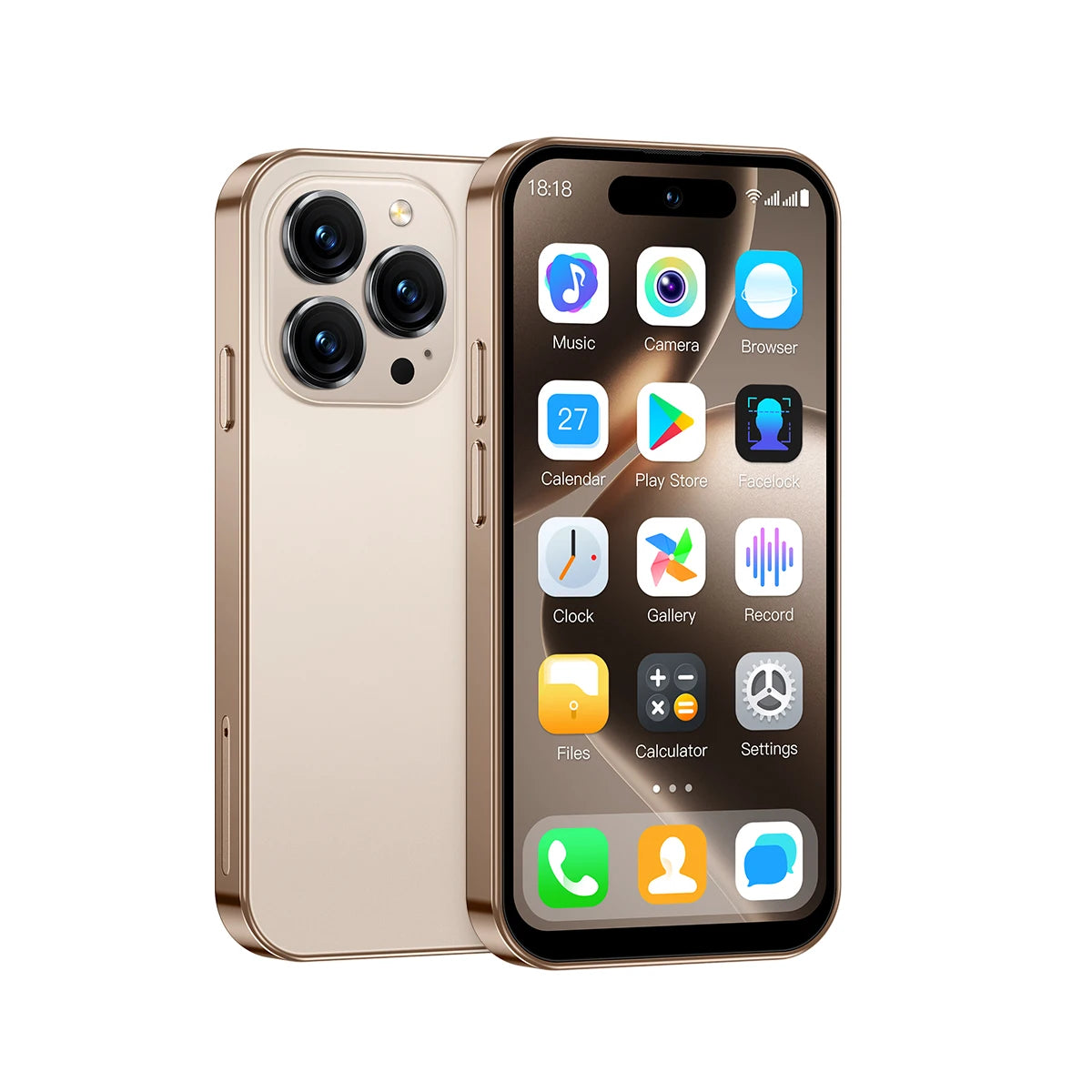 Gold mini Android smartphone with triple rear cameras and front apps display