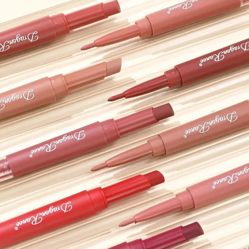 Dual-ended waterproof matte lip liner and lipstick pens in assorted nude, rose, and red shades for long-lasting makeup.