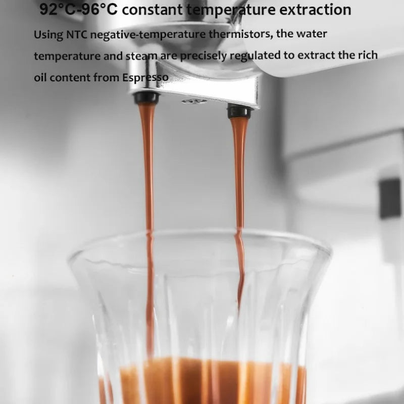Espresso machine stainless steel portafilter extracting rich coffee into a clear glass, constant temperature brewing.