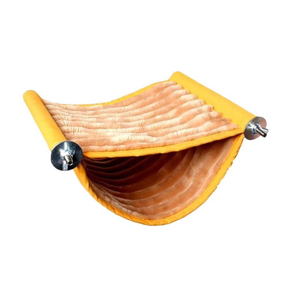 Yellow and grey fleece bird hammock for warm, cozy parrot nesting. Washable hanging cage perch for small pets.