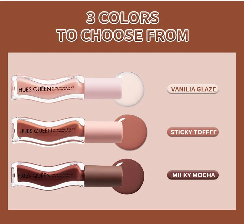 Hues Queen 3-color moisturizing lip gloss set featuring hydrated, creamy lip tints in Vanilia Glaze, Toffee, and Mocha.