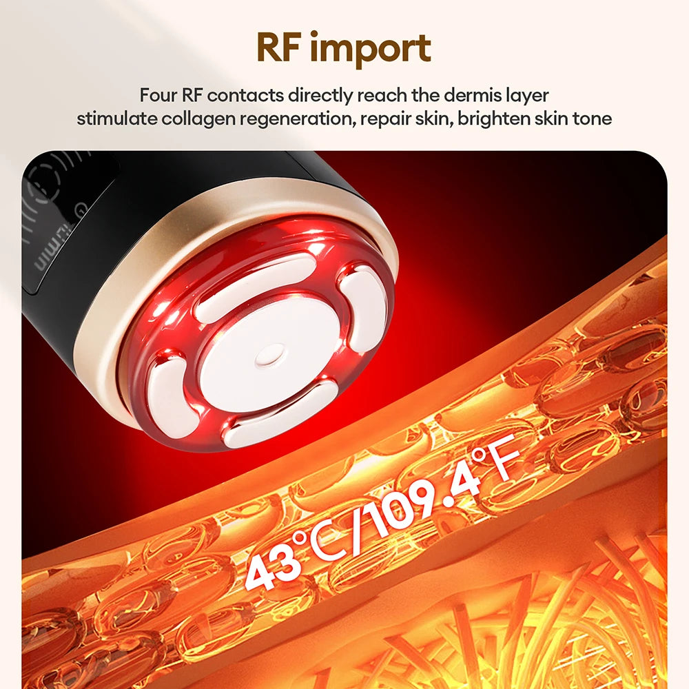 Mini facial device with a circular head, four white contact points, red LED light, and a gold and black handle.