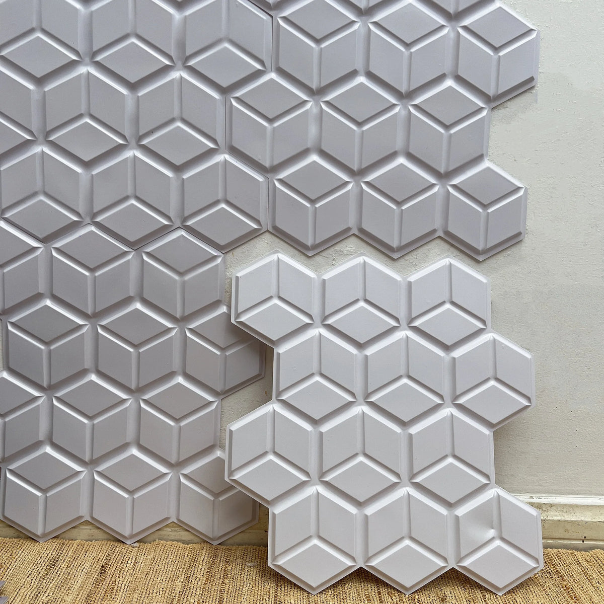 Peel-and-stick hexagon backsplash tiles, glossy white 3D raised pattern