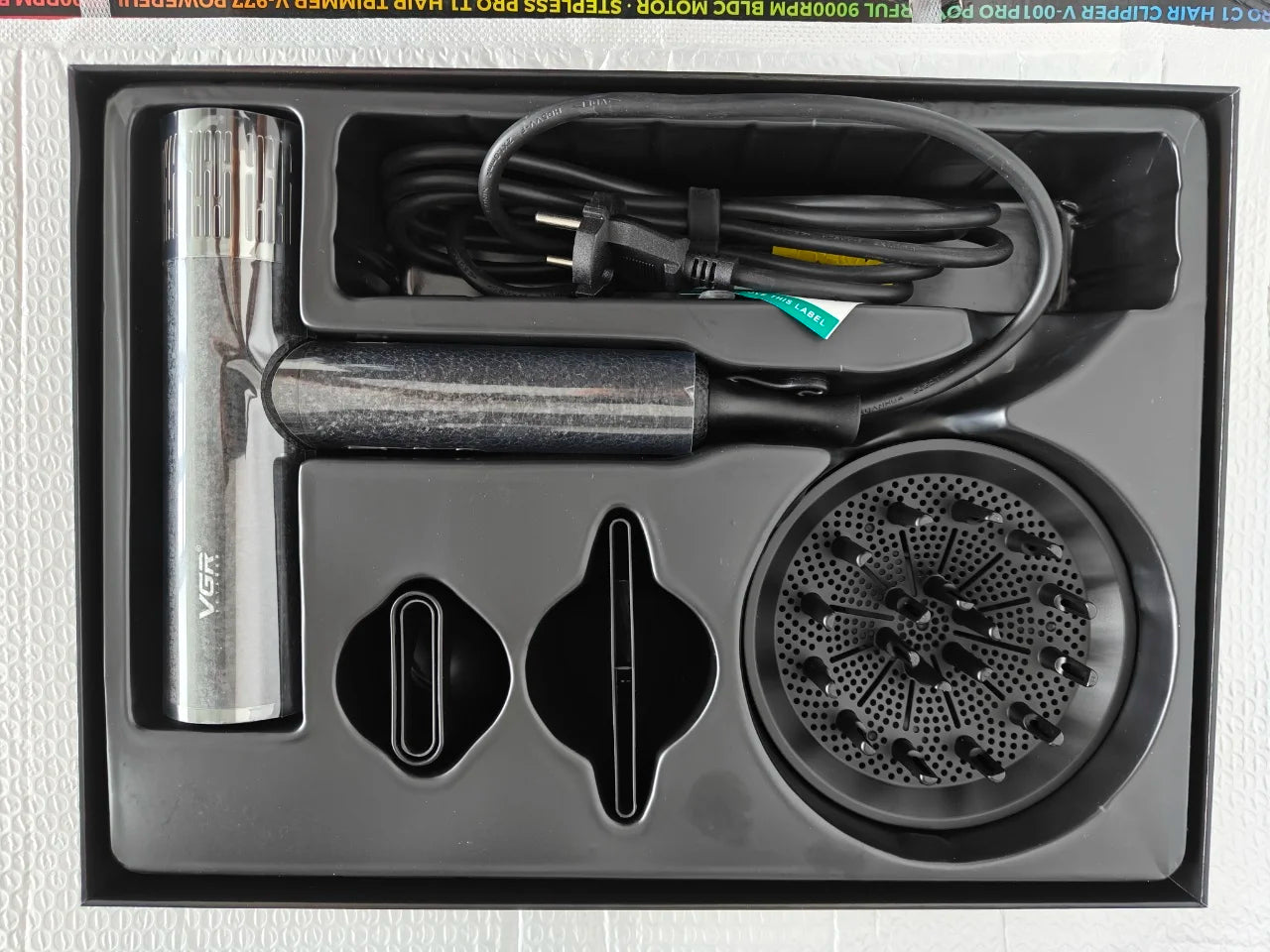 VGR professional brushless hair dryer set in black with nozzles, diffuser, and high-speed motor in a gift box.