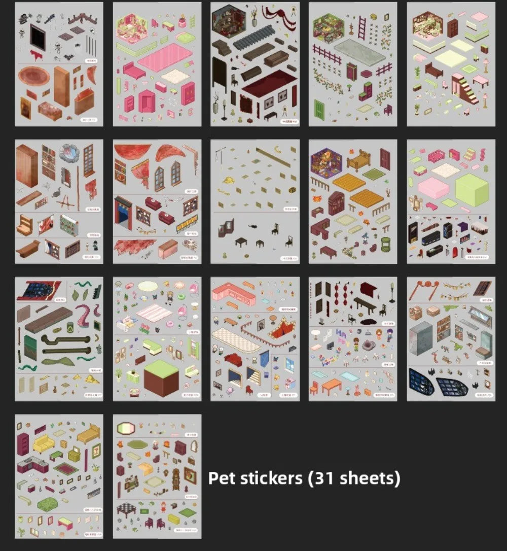 Horror-themed PET sticker sheets for DIY miniature room crafting. 51-piece cartoon town set for creative hobby projects.