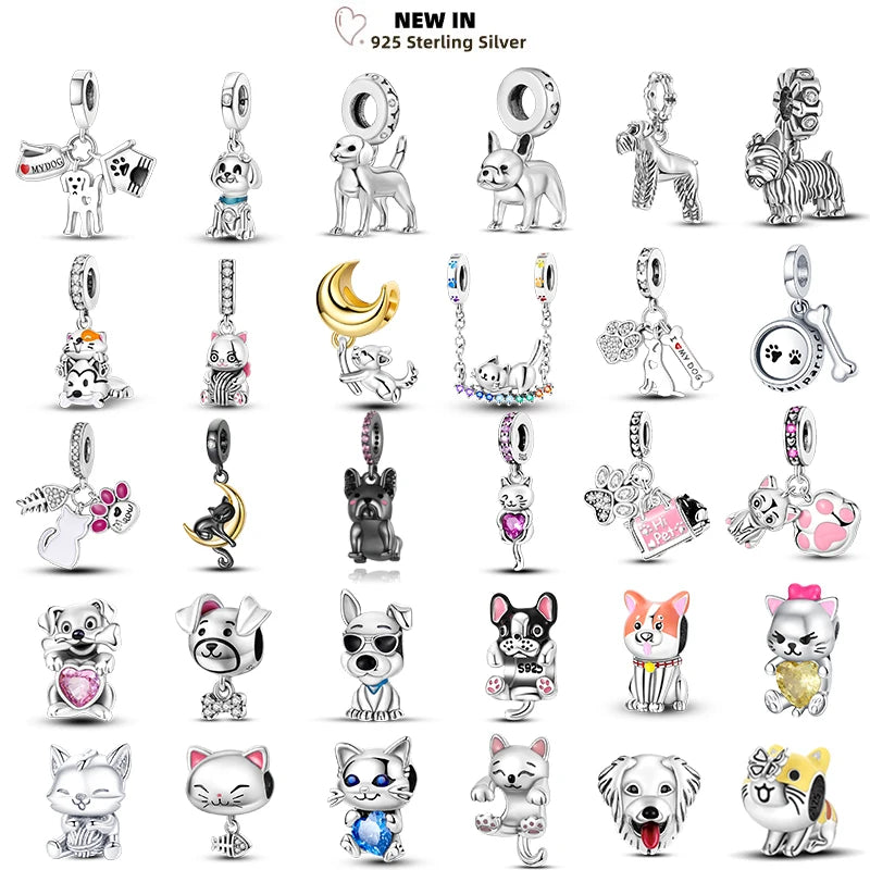 925 sterling silver pet charms for bracelets, featuring dog, cat, and paw print designs for DIY jewelry lovers.