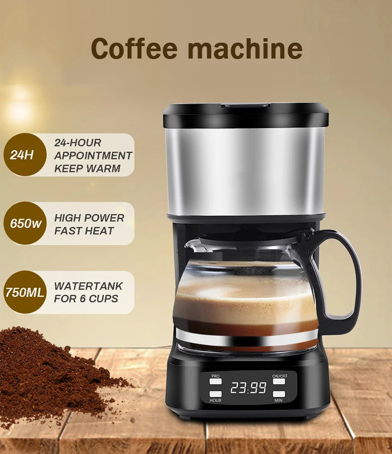 Black and stainless steel 650W programmable coffee maker with 750ml glass carafe, digital display, and keep-warm.