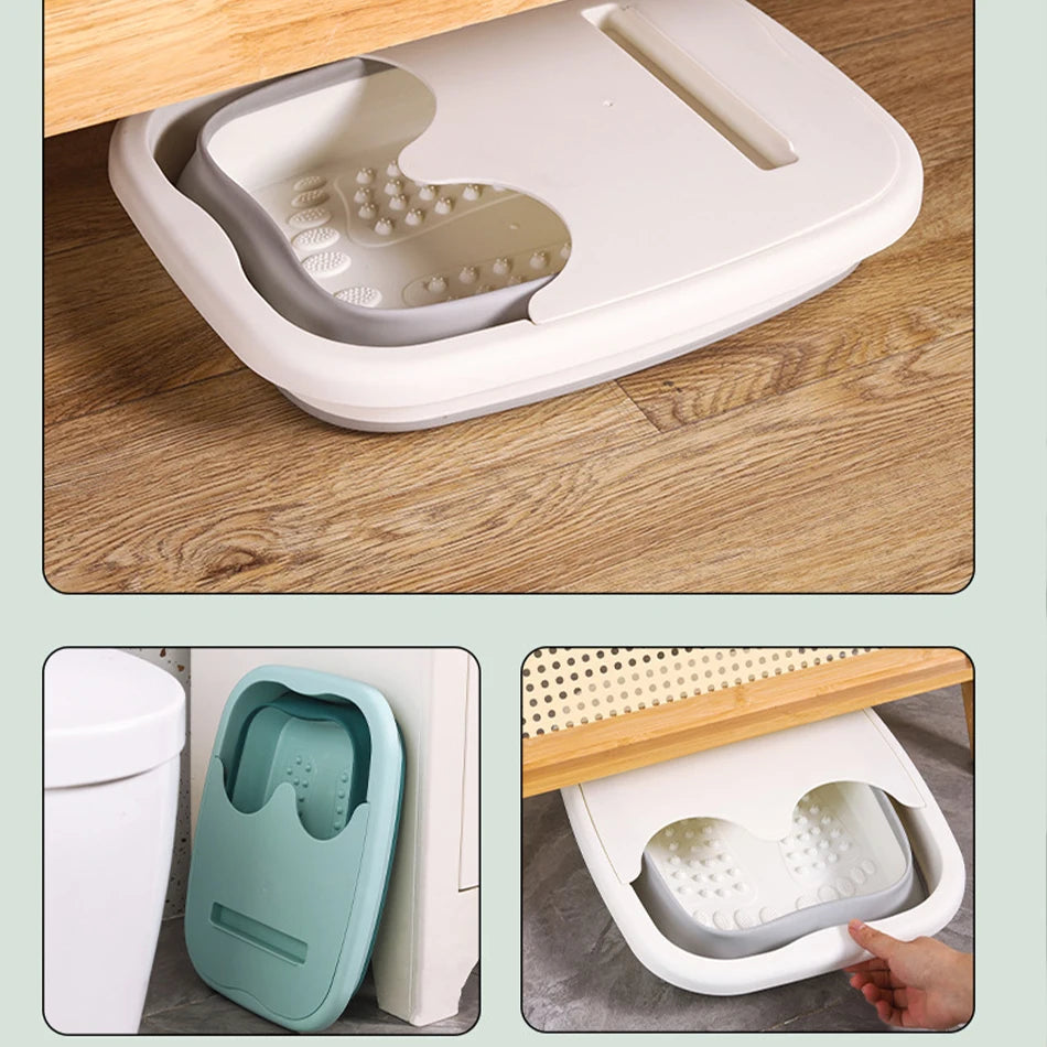 Foldable silicone foot bath tub with massage rollers, portable covered basin for compact home and travel spa use.