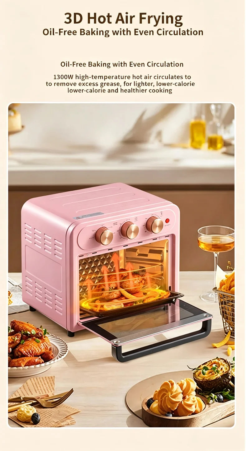 15L Visible Air Fryer Oven Retro Pink Multifunctional Toaster Oven Oil-Free Baking Mini Electric Oven 15.85QT Countertop Oven