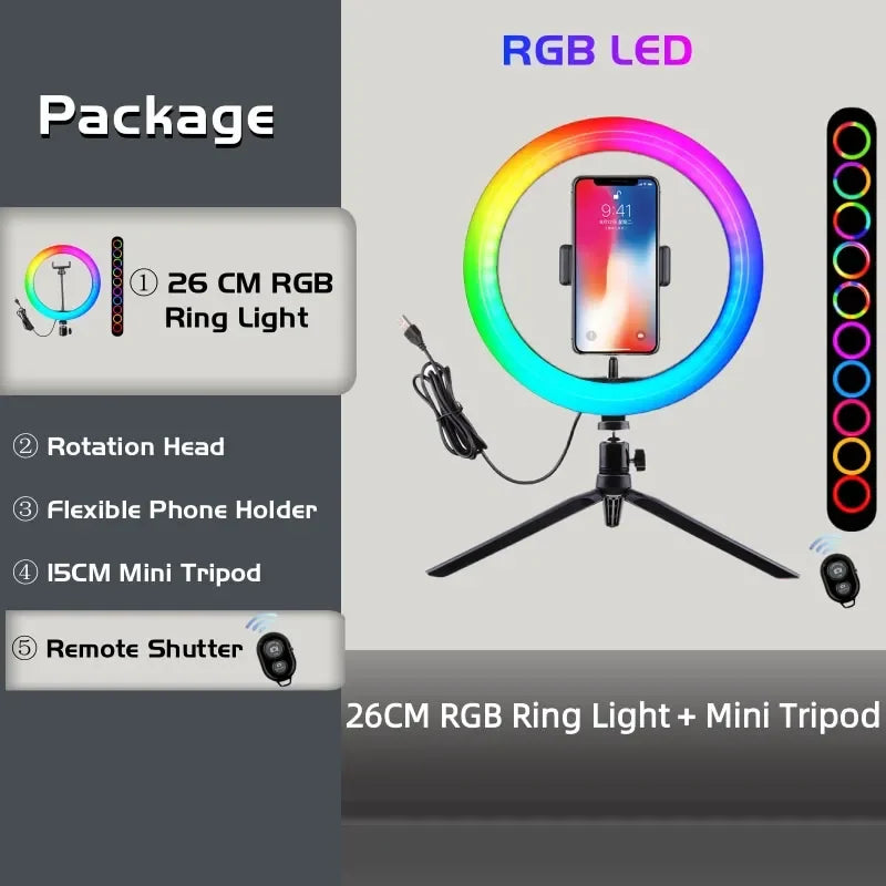 26cm RGB ring light with phone holder, 15cm tripod stand, and remote shutter for photography and video recording.