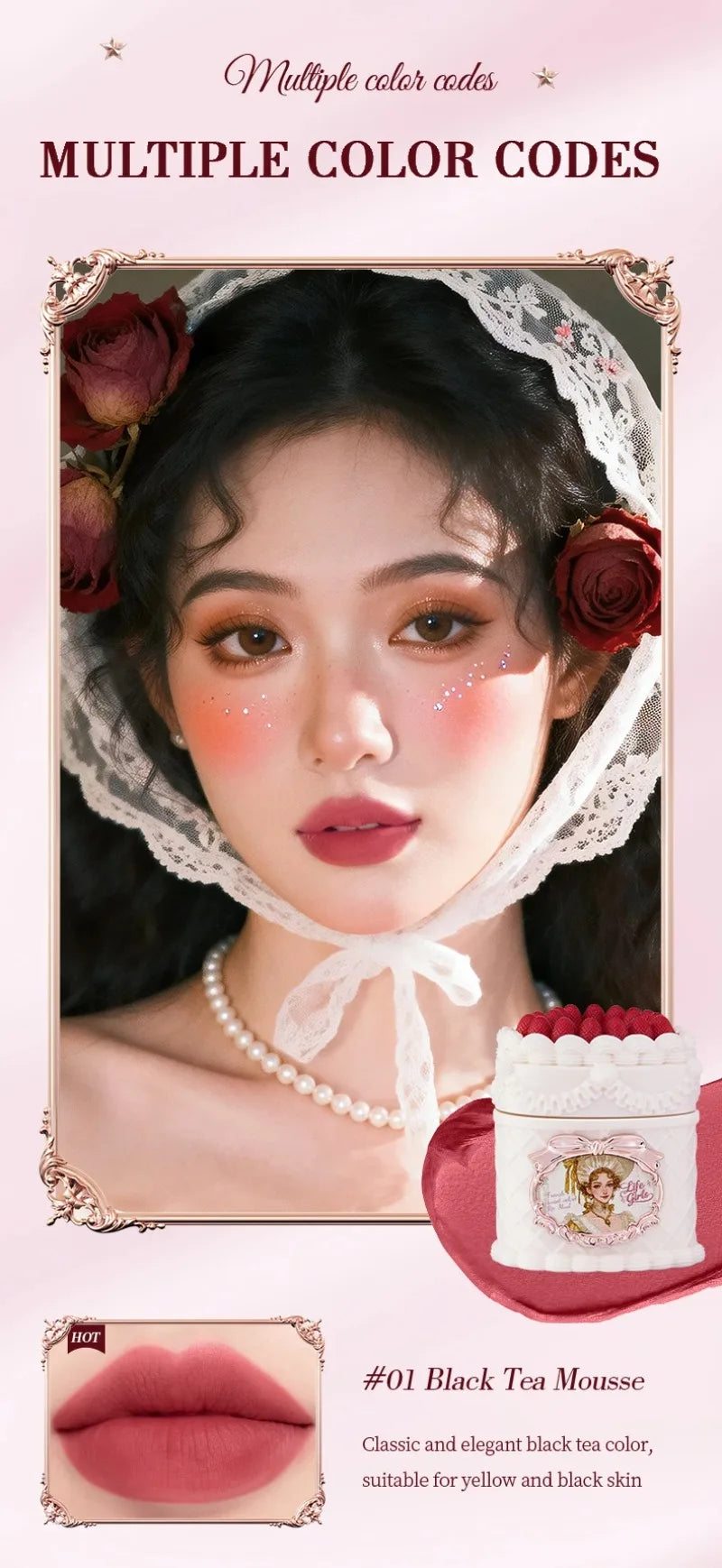 Strawberry Cake matte velvet lip mud in #01 Black Tea Mousse, featuring a soft-focus, highly pigmented vintage finish.
