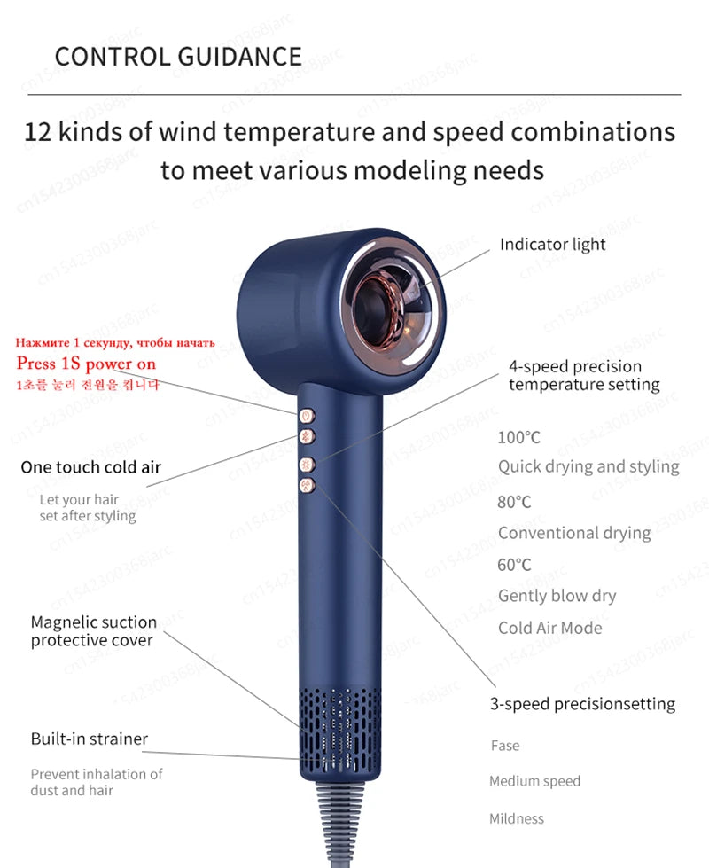 Dark blue leafless hair dryer with negative ion technology, 4 heat settings, and magnetic protective cover.