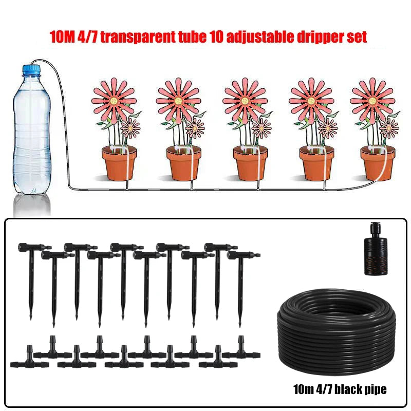 Garden drip irrigation kit set: 10m/4.7mm black pipe with adjustable drippers and tubing