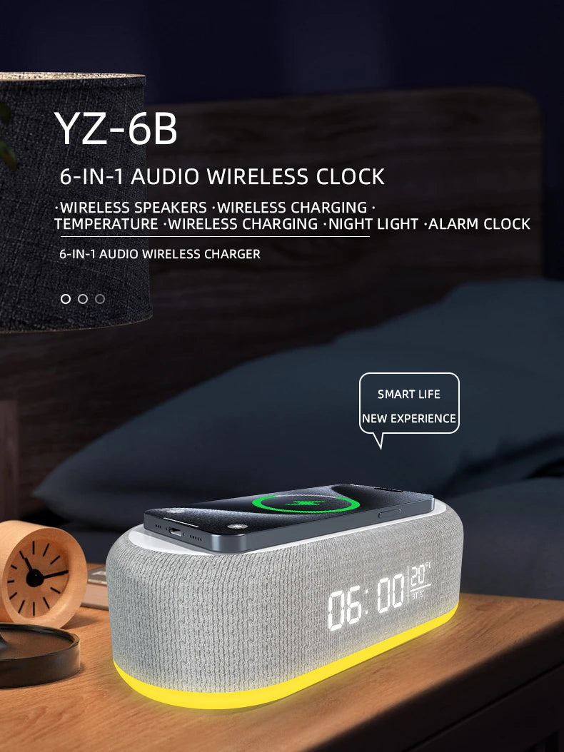 Portable Bluetooth Speaker with Wireless Charger and Alarm Clock - White Tidesmit