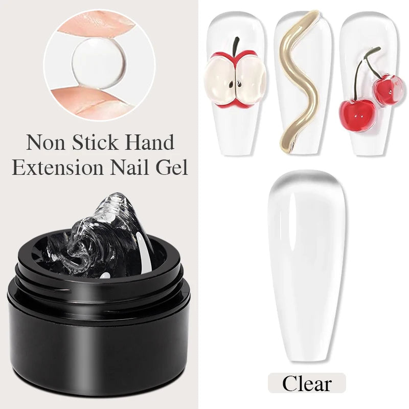 Clear non-stick hand extension nail gel in a black jar, shown being molded by hand for 3D nail art and extensions.
