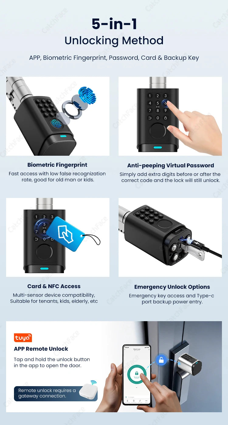 IP66 Waterproof 2026 New Generation TUYA APP Fingerprint Password Digital RFID Card Cylinder Smart Door Lock 60-90 90-120