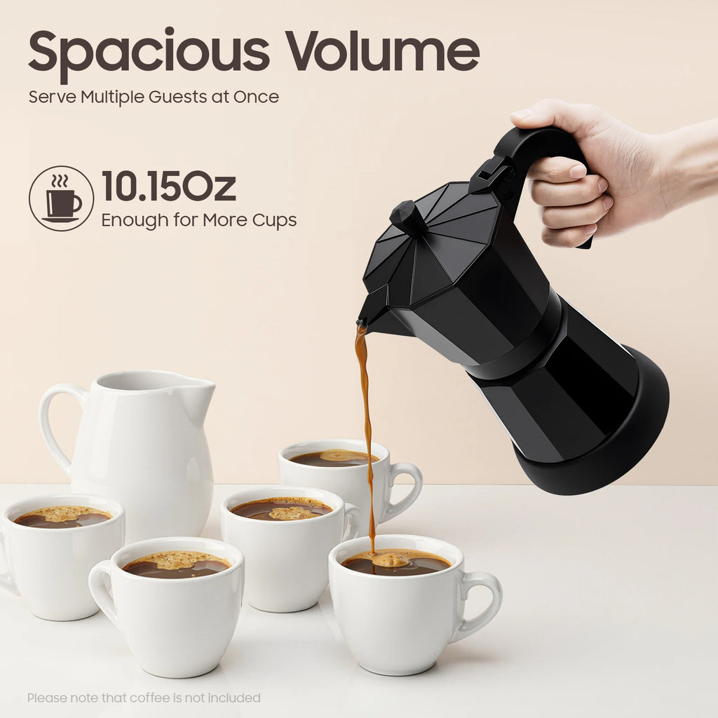 Black 10.15oz stovetop moka pot coffee maker pouring fresh espresso into white ceramic cups.