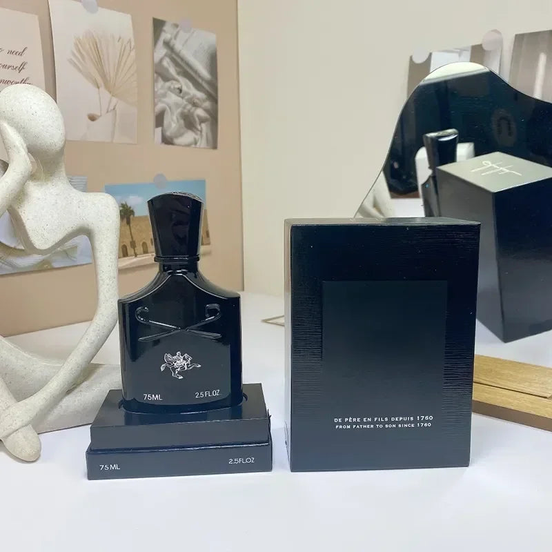 Creed-style black bottle, unisex Eau de Parfum spray 75ml. Elegant luxury fragrance in branded box. Perfect gift.