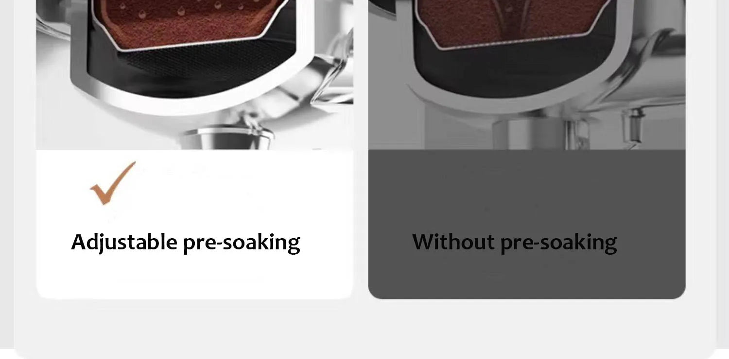 Espresso machine portafilter comparison showing adjustable pre-soaking vs no pre-soaking for better coffee extraction.